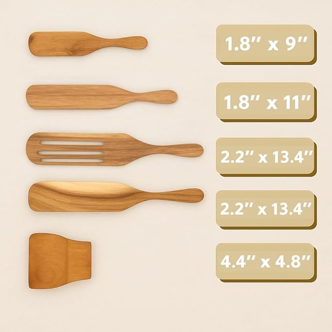 5 Pcs Wooden Spurtle Set with Spoon Rest – Acacia Wood Spurtle Spatula Utensils for Non-Stick Cookware, Stirring, Mixing, Scooping, Serving, Scraping, Cooking