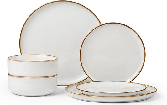 Herogo 6 Pieces Stoneware Dinnerware Dishes Sets for 2, Kitchen Handmade Dining Plates and Bowls Sets, Double Reactive Glaze, Microwave & Dishwasher Safe, Scratch Resistant, Ivory White