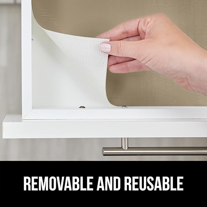 GORILLA GRIP DripGuard Shelf Liner, Non Adhesive Drawer and Kitchen Cabinet Protector, Slip Resistant BPA Free Smooth Surface Plastic Liners for Cabinets, Bathrooms, Closets, 12x240 Inch, Beige