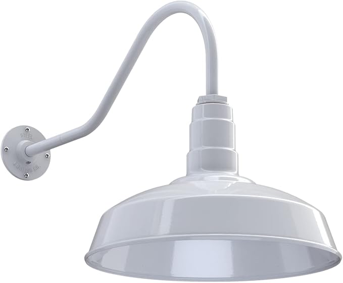 Steel Lighting Co. | Dusk to Dawn | Gardena Barn Light | Outdoor Wall Mounted | 16" Dome | 23" Gooseneck | Farmhouse Light Made in America | White Exterior/White Interior