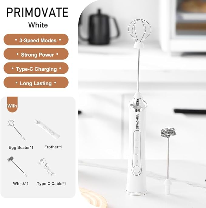 Rechargable Milk Frother, Handheld Drink Mixer with Whisk Attachment, 2025 upgraded powerfull 3 speed motor, Type C charging with charge light, with extra egg mix head (Black with Stand)