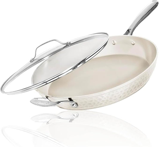 GOTHAM STEEL HAMMERED 14 Inch Non Stick Frying Pans with Lid, Extra Large Frying Pans Nonstick Cooks Family Sized Meals, Non Toxic PFOA Free, Induction Ready, Oven and Dishwasher Safe