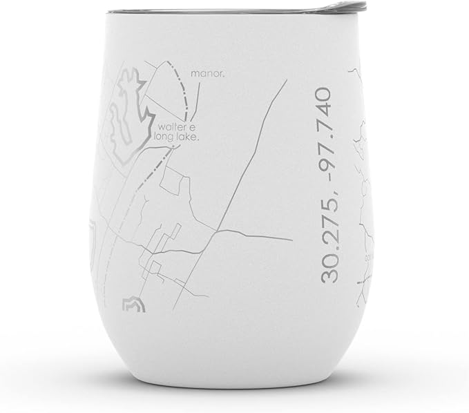 Well Told Engraved Austin Texas Map Insulated Wine Tumbler, Etched Stainless Steel Wine Tumbler (12 oz, White) City Map Insulated Tumbler, Custom Insulated Tumbler, Outdoor Drinkware