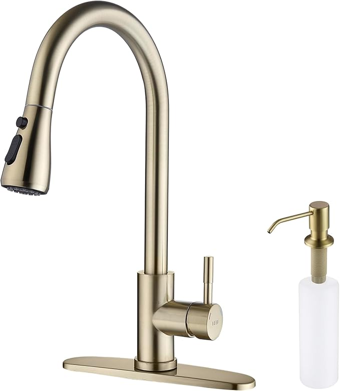 Gold Pull Down Kitchen Faucet with Soap Dispenser - Single Handle High Arc Stainless Steel Faucet