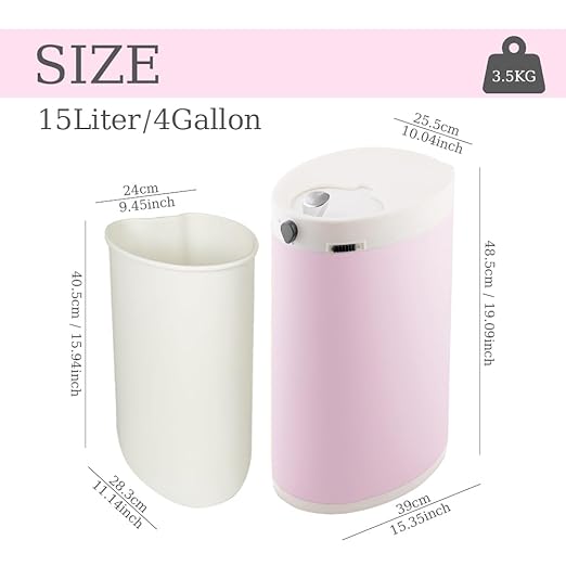 Diaper Pail, Airtight Odor Control Baby Diaper Bin with Childproof Lock, Stainless Steel Garbage Pail with lid, 15 Liter/ 4 Gallon Compact Nursery Trash Can with Removal Inner Liner, Pink