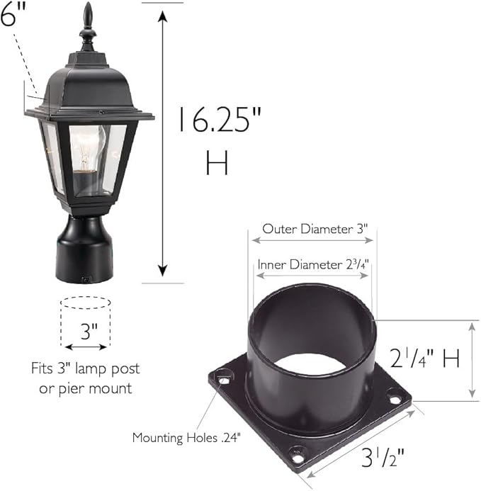 Maple Street Outdoor Post Top Light with 3-Inch Pier Base Mount Fitter, Black – Design House, 590307