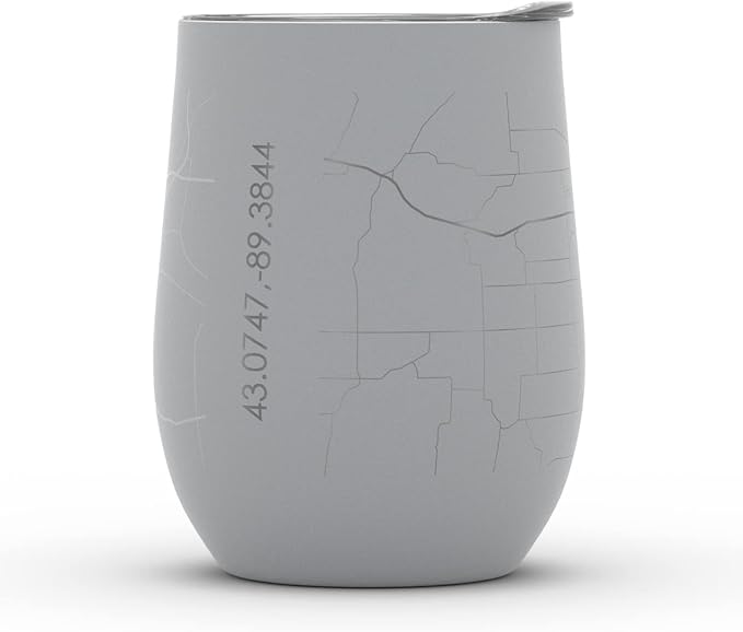 Well Told Engraved Madison Wisconsin Map Insulated Wine Tumbler, Etched Stainless Steel Cup (12 oz, Dockside Gray) City Map Insulated Tumbler, Custom Insulated Tumbler, Outdoor Drinkware