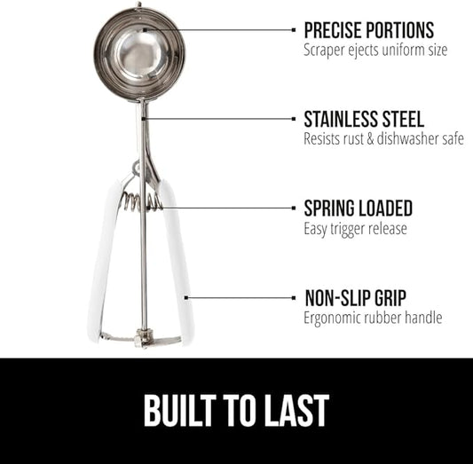 GORILLA GRIP BPA-Free Stainless Steel Cookie Scoop, 1 TBSP Scooper #60, Soft Grip Handle, Easy Food Release, Create Even Portion Sizes, Multipurpose Kitchen Melon Baller, Meatball Spring Scoops, White