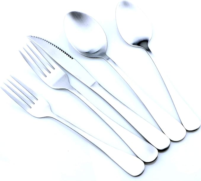 Silver Reusable Utensils with Case Camping Travel Silverware Set,Portable Stainless Steel Cutlery Set - Matte Flatware Set Knife Fork Spoon Mirror Straws Chopsticks - for Office Lunch, Hiking, School