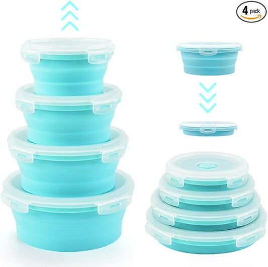 Collapsible Bowls For Camping, Set of 4 Silicone Food Storage Containers with Lids, Rv storage and organization, Rv Kitchen Accessories, BPA Free, Microwavable, Freezer, Dishwasher Safe (Round-Blue)