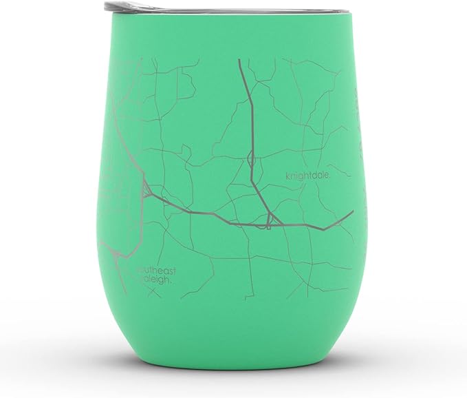 Well Told Engraved Raleigh North Carolina Map Insulated Wine Tumbler, Etched Stainless Steel Cup (12 oz, Sunday Green) City Map Insulated Tumbler, Custom Insulated Tumbler, Outdoor Drinkware