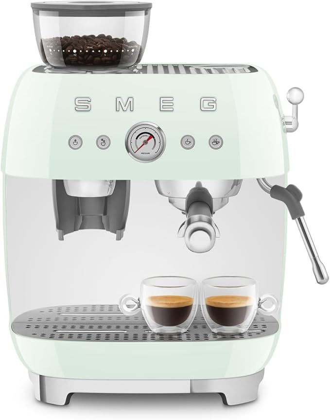 Smeg EGF03 Semi-Automatic Espresso Machine with Built-In Grinder, Dual Thermoblock, 50’s Retro Style – Pastel Green (120 V)