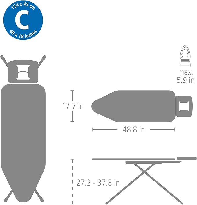 Brabantia Size C Ironing Board (49x18 in) 7 Height Options, Solid Steam Iron Rest Holder (Metallized) Non-Slip Feet, Anti-Collapse Child Locks