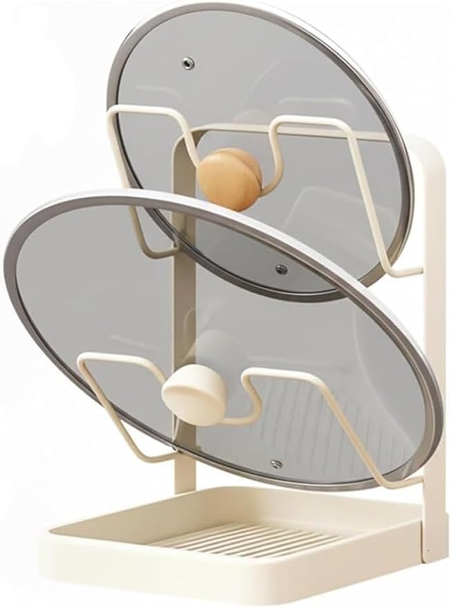 Kitchen Pot Lid Storage Rack, New Multifunctional Stainless Steel Pot and Pan Organizer with Removable Drip Tray, Lid Holder While Cooking, Lid And Spoon Rest (Begie Double)