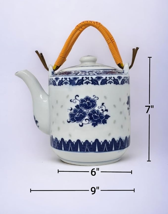 Large Teapot Blue and White Porcelain Tea Pot 6 Cup Store 64 Ounce China, Coffee Pot (64)