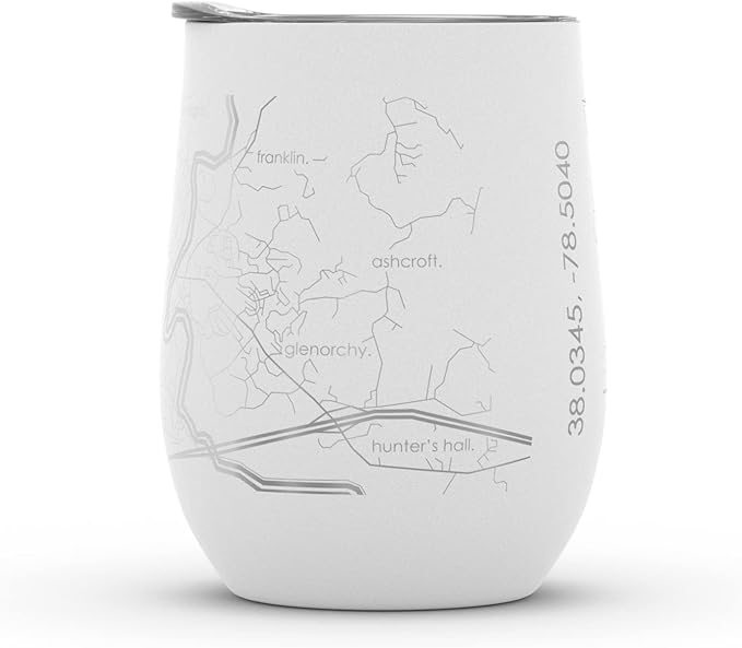 Well Told Engraved Charlottesville Virginia Map Insulated Wine Tumbler, Etched Stainless Steel Wine Tumbler (12 oz, White) City Map Insulated Tumbler, Custom Insulated Tumbler, Outdoor Drinkware