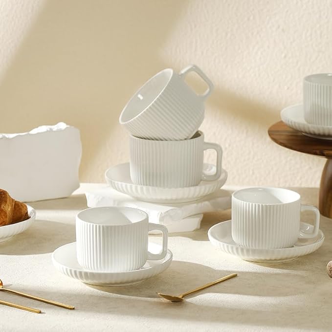 8 Ounce Cappuccino Cups Set of 4, Latte Mugs with Saucers and Spoons, White Cream Ceramic Coffee Mugs Tea Cups for Cappuccino Latte Mocha Au Lait Macchiato Cafe