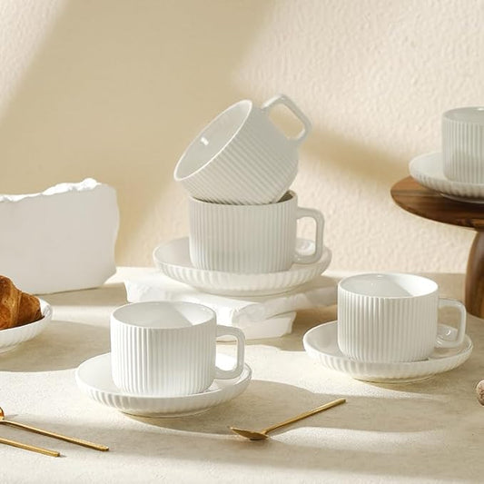 8 Ounce Cappuccino Cups Set of 4, Latte Mugs with Saucers and Spoons, White Cream Ceramic Coffee Mugs Tea Cups for Cappuccino Latte Mocha Au Lait Macchiato Cafe