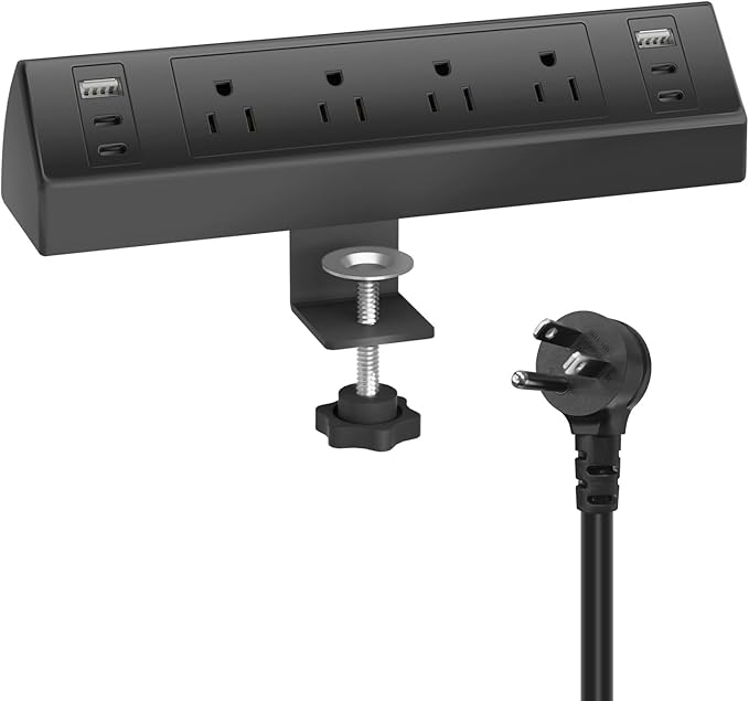 Desk Clamp Power Strip with 40W Total Fast Charging Station, 4 PD 20W USB C Ports, 4 AC Outlets, 1875W Surge Protectors, 6.5 FT Flat Plug Desk Clamp Power Strip Fit 1.9" Tabletop Edge
