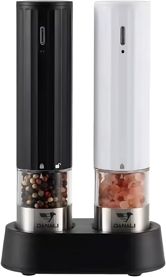 Electric Automatic Salt and Pepper, Rechargeable Grinder Mill, LED Light, One-Hand Operation, Adjustable Coarseness, USB-C Charging, ABS & Stainless Steel, Stand Included.
