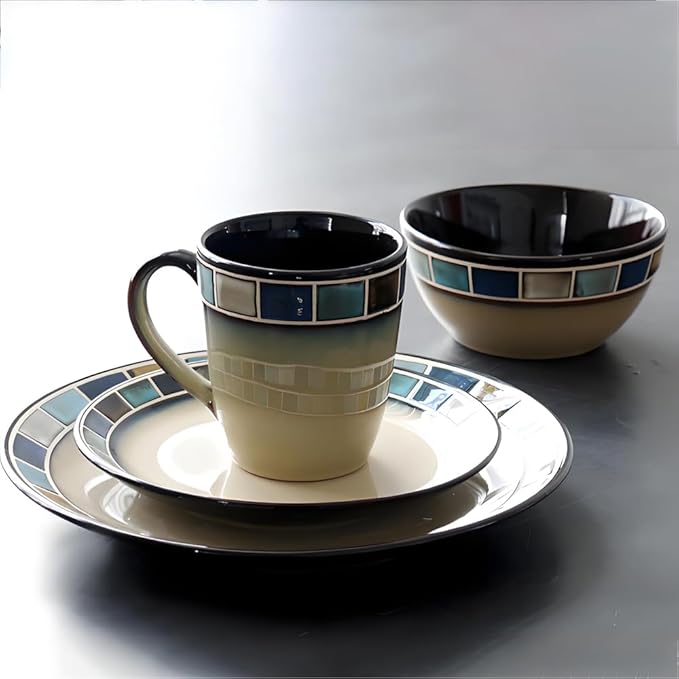 Ceramic Dinnerware Set of 4, 4 Pieces Dishes Set,Plate and Bowl Set, Unique Gift Idea, Scratch Resistant Dishes, Dishwasher & Microwave Safe(Blue)