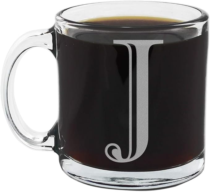 Etched Monogram 12oz Clear Glass Coffee Mug (Letter J), A-Z Customized Gifts for Coffee Lovers, Custom Engraved Gifts for Women Her, Personalized Gift for Men, Initial