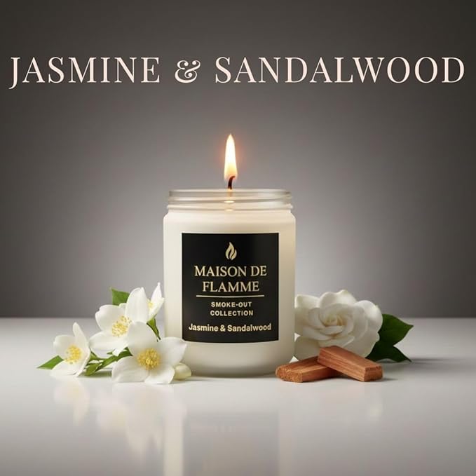 Jasmine & Sandalwood Odor-Eliminating Scented Candle, 200g/7oz White Jar – Long-Lasting Soy Wax Blend Candle for Smoke, Kitchen & Pet Odors