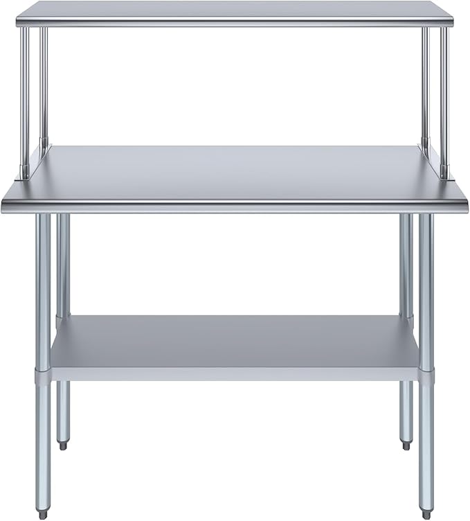 Stainless Steel Work Table with Wide Single Tier Overshelf | Metal Kitchen Prep Table & Shelving Combo (18" x 48" Work Table + 12" Overshelf)