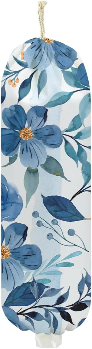Flowers Plastic Bag Holder 22.5x9 Inch, Blue Floral Wall Mount Grocery Bag Holder for Plastic Bags, Washable Grocery Bags Storage Dispenser for Home Kitchen Pantry Decor, Flower Gifts for Women