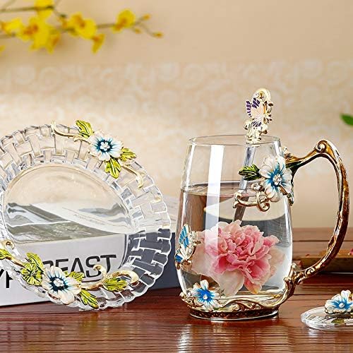 Luka Tech Enamel Butterfly flower Glass Mug with Spoon, Gifts For Women Wife Mom Friends Birthday Mothers Valentines Day Christmas (Blue-Tal)