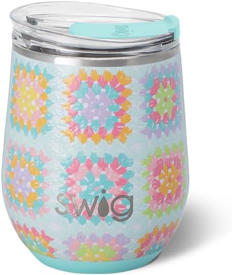 Swig Life 12oz Wine Tumbler with Lid, Stainless Steel, Dishwasher Safe, Portable, Triple Insulated Wine Tumbler (Granny Squares)