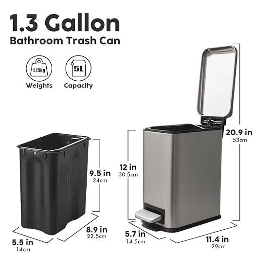 Bathroom Trash Can, 5 Liter / 1.3 Gallon Stainless Steel Garbage Can with Removable Inner Bucket, Slim Trash Bin for Small Spaces, Soft Close, Step Pedal, Fingerprint Proof, Grey