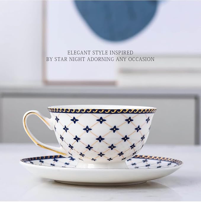 Porlien Royal Blue Star-night Porcelain 7-ounce Teacup and Saucer Set with 6-inch Coffee Spoon