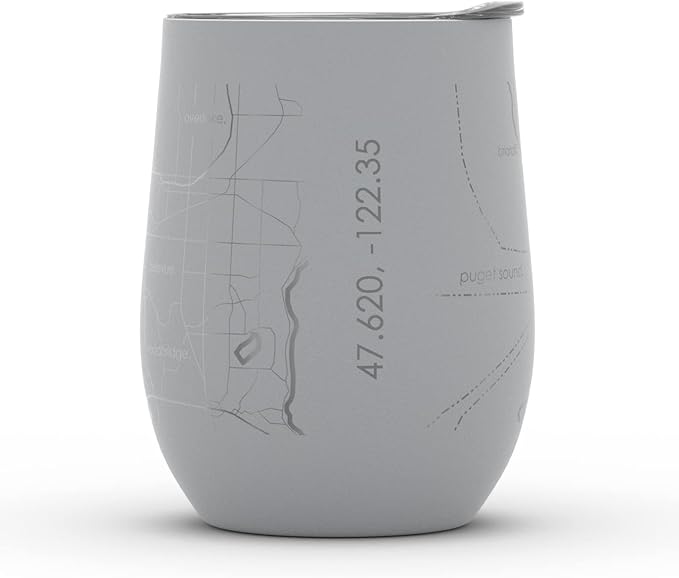 Well Told Engraved Seattle Washington Map Insulated Wine Tumbler, Etched Stainless Steel Cup (12 oz, Dockside Gray) City Map Insulated Tumbler, Custom Insulated Tumbler, Outdoor Drinkware