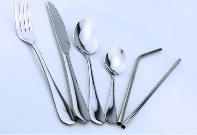 Gugrida Silver Reusable Utensils with Case, Healthy & Eco-Friendly 8 Pieces Portable Stainless Steel Flatware Tableware Dinnerware Set, Portable Travel Camping Cutlery Knife Fork Spoon Straws Set