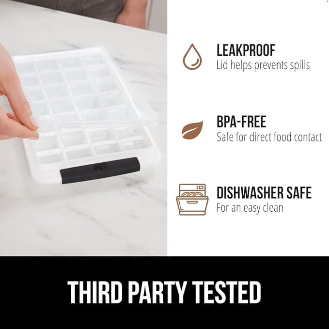 GORILLA GRIP BPA-Free Easy Release Stackable Ice Cube Tray for Freezer, Set Makes 56 Cubes for Cocktails, Coffee, Bucket Kit Includes 2 Leakproof Trays with Lid and Scooper, Holiday Hosting, Black