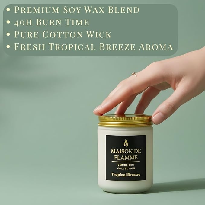 Tropical Breeze Odor-Eliminating Scented Candle (White Jar, 200g/7oz) | Long-Lasting Premium Soy Wax Candle for Smoke, Kitchen & Pet Odors