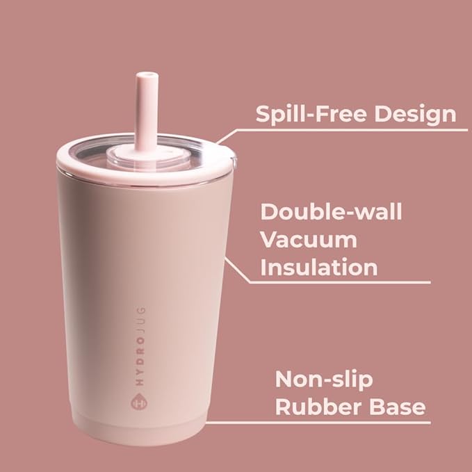 HydroJug Everyday Tumbler 14 oz – Ceramic-Lined Insulated Tumbler with Straw and Soft-Touch Lid, Cup Holder Friendly, Double-Wall Vacuum Insulation, Reusable Travel Cup – Dusty Rose