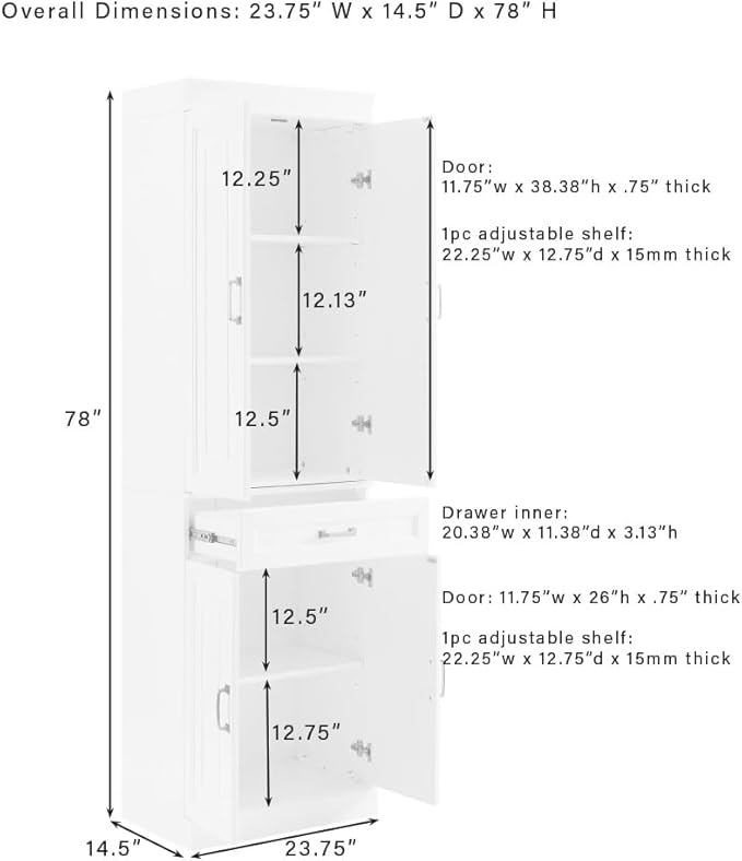 Crosley Furniture Stanton Pantry Storage Cabinet with Shelves, Kitchen, Dining, or Laundry Room, White