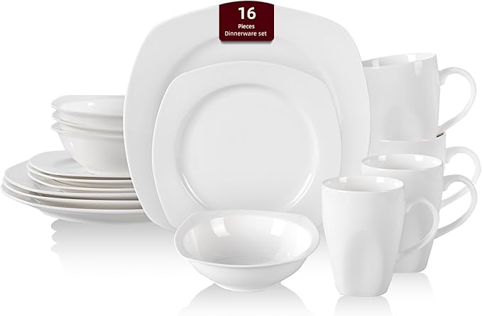 HomeVss, New Bone China Embossed Dinnerware Set, Coupe Square Shape, 16pc Set