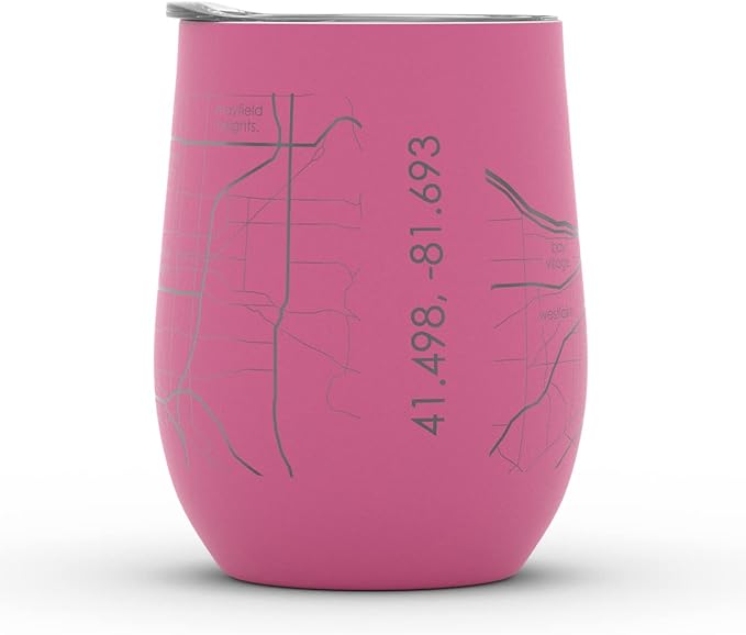 Well Told Engraved Cleveland Ohio Map Insulated Wine Tumbler, Etched Stainless Steel Cup (12 oz, Sunset Pink) City Map Insulated Tumbler, Custom Insulated Tumbler, Outdoor Drinkware