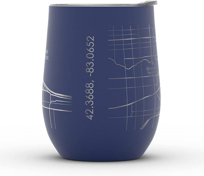 Well Told Engraved Detroit Michigan Map Insulated Wine Tumbler, Etched Stainless Steel Cup (12 oz, Midnight Blue) City Map Insulated Tumbler, Custom Insulated Tumbler, Outdoor Drinkware