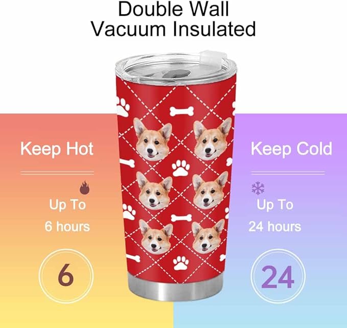FunStudio Personalized Dog Face Tumbler with Pictures Puppy Pet Paw Custom Tumblers Coffee Travel Mug Cup Gift for Men Women, 20 Oz Insulated Stainless Steel