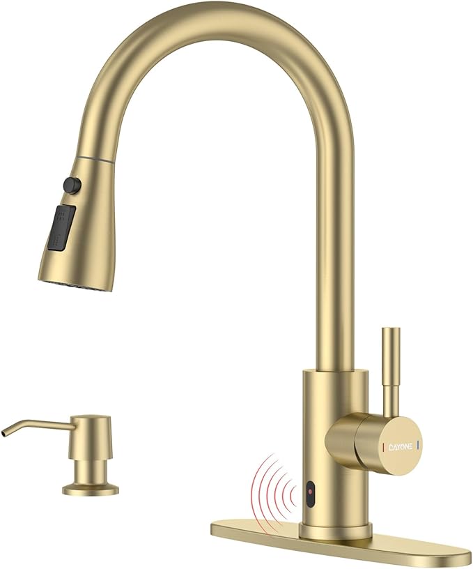 DAYONE Gold Touchless Kitchen Faucet with Soap Dispenser 3-Mode, Brushed Gold Motion Sensor Hands-Free Automatic Sink Faucet with Pull Down, Stainless Steel Single Handle Smart Faucets for Kitchen
