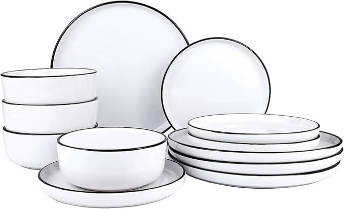Stoneware Dinnerware Sets,Plates and Bowls Sets for 4,12 Piece Dinnerware Set,White Dinnerware Set for Kitchen,Microwave and Dishwasher Safe