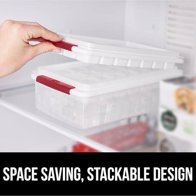 GORILLA GRIP BPA-Free Easy Release Stackable Ice Cube Tray for Freezer, Set Makes 56 Cubes for Cocktail Drinks, Coffee, Bucket Kit Includes 2 Leakproof Trays with Lid and Scooper, Kitchen Tool, Red