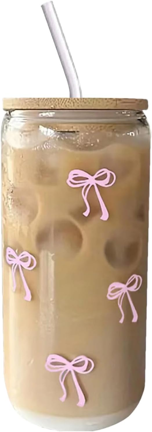 Glass Tumbler with Straw and Lid - 500ml Bow Glassware, Aesthetic, Water Mug | Cute Drinking Cup for Iced Coffee, Tea Cocktails, Tumbler, Teen Girls, Home & Bar Use
