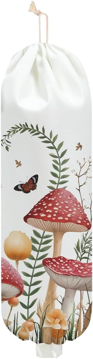 Mushroom Plastic Bag Holder, Wall Mount Plastic Bag Holders for Grocery Bags, Butterfly Large Waterproof Grocery Bags Storage Dispenser for Home Kitchen Pantry Decor, Cute Mushroom Gifts for Women Mom