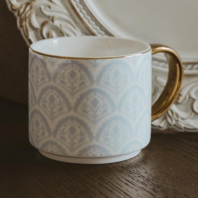 Sweet Water Decor Blue Delft Ceramic Mug with Gold Handle, Large 14oz Fine Bone China Tea Cup, Cute Coffee Mug, Vintage Floral Spring Drinkware, Hostess & Housewarming Gift for Women & Teachers