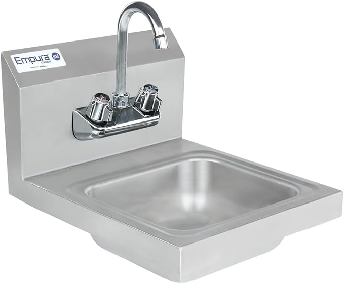 14" Wide Stainless Steel Wall Mounted Hand Sink | Commercial Prep Utility 10" x 12" Bowl for Kitchen Laundry | 4" Center Gooseneck Faucet, 8" Backsplash, 14"W x 16.5"D x 13"H, 20 Gauge, NSF